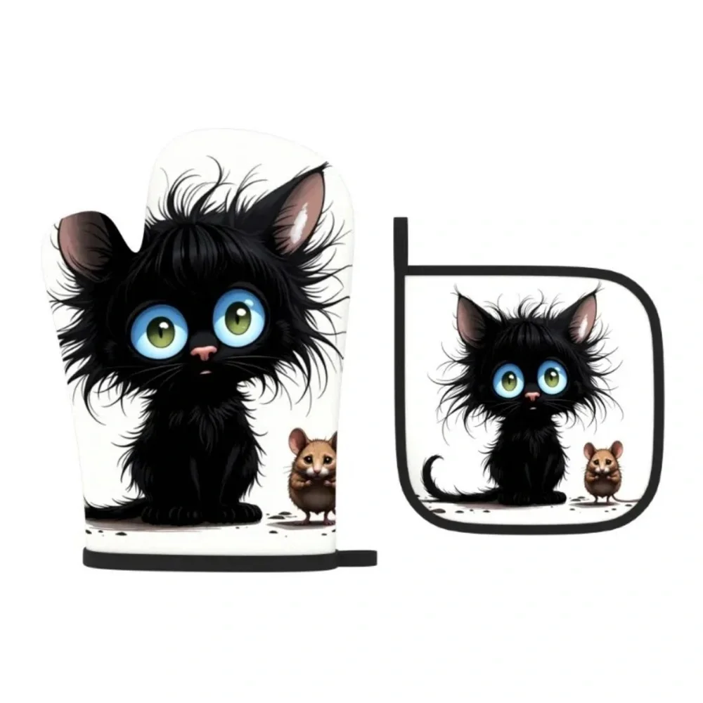 Cute Black Cat w Brown Mouse Oven Mitt and Pot Holder Set